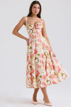 Carmen | Pink Peony Lace Up Back Floral Side Split Midi Dress