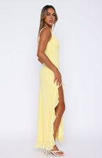 Cenny | Bold Thigh-High Slit Vibrant V-Neck Ruffle Maxi Dress