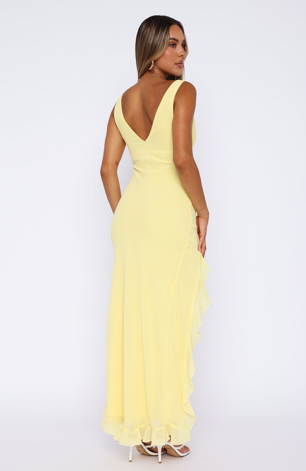 Cenny | Bold Thigh-High Slit Vibrant V-Neck Ruffle Maxi Dress