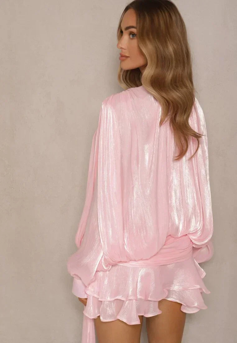 Sol | Long Sleeve Tiered Ruffle Pleated Luster Mini Dress