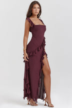 Soho | Square Neck Thigh-High Slit Ruffle Side Maxi Dress