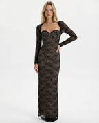 Catrine | Sheer Floral Lace Corset Maxi Dress with Detachable Sleeves