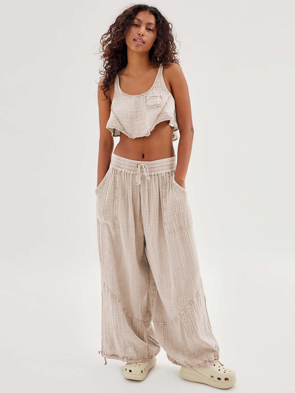 Pantalón Palazzo de Pierna Ancha para Dama · Tiro Alto con Agujeta Ajustable