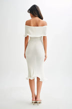 Melania | Textured Knit Ruffle Trim Off-The-Shoulder Midi Dress