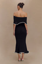Melania | Textured Knit Ruffle Trim Off-The-Shoulder Midi Dress