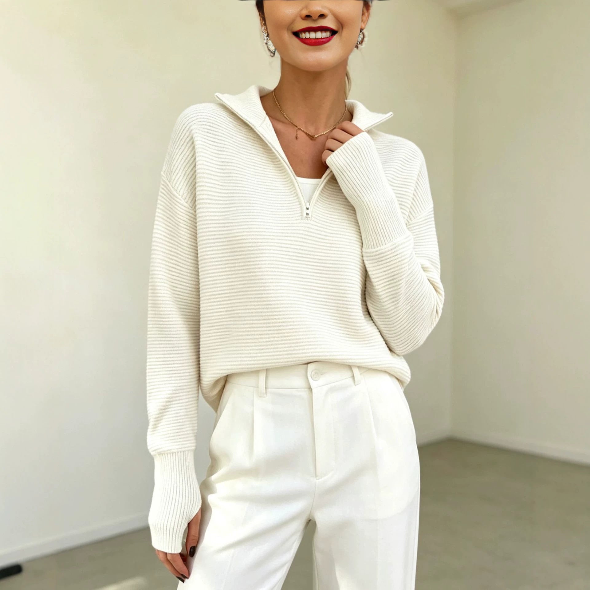 Womens Long-sleeve Pullover Top With A Half-zip