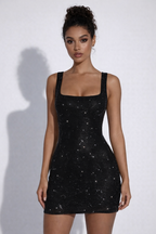 The Solar | Square Neck Rhinestone Stretch Net Mini Dress
