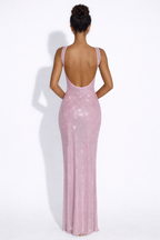 Elara | Sculpted Square Neck Crystal Mesh Maxi Dress