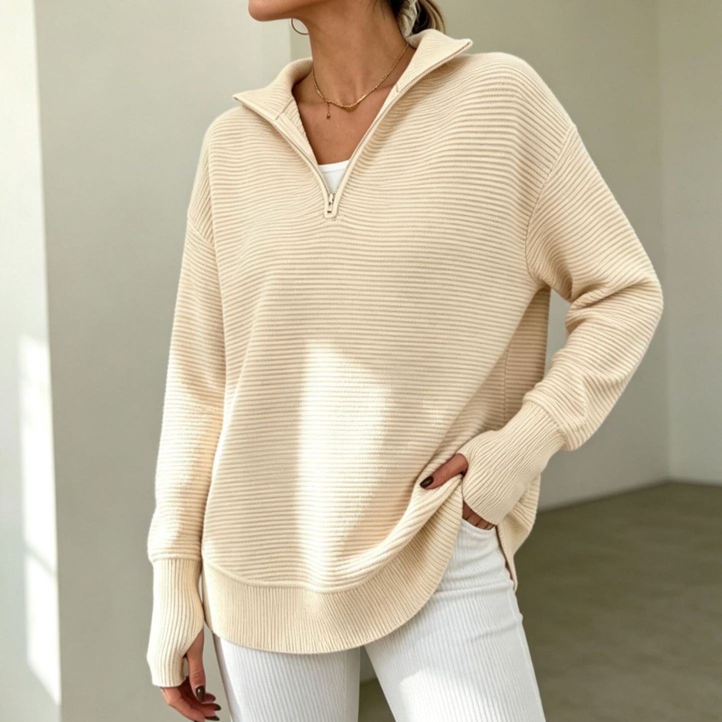 Womens Long-sleeve Pullover Top With A Half-zip