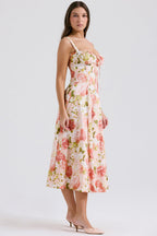 Carmen | Pink Peony Lace Up Back Floral Side Split Midi Dress
