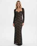 Catrine | Sheer Floral Lace Corset Maxi Dress with Detachable Sleeves