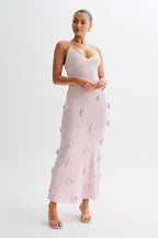 Trice | Lace-Up Open Back V-Neck 3D Floral Knit Maxi Dress