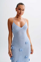 Trice | Lace-Up Open Back V-Neck 3D Floral Knit Maxi Dress