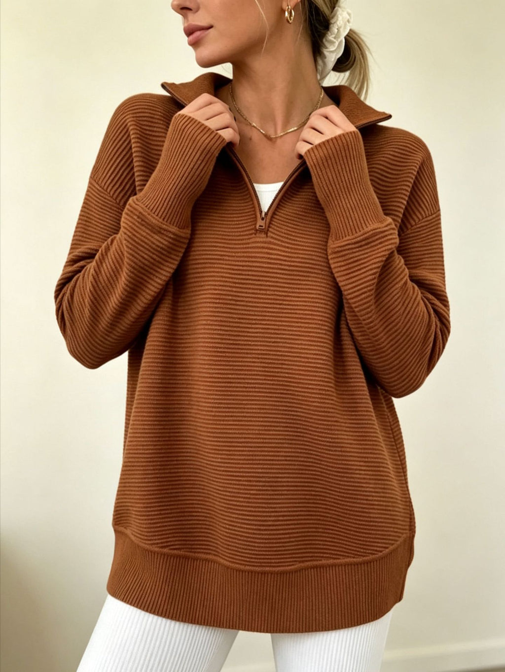 Womens Long-sleeve Pullover Top With A Half-zip
