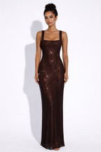 Elara | Sculpted Square Neck Crystal Mesh Maxi Dress