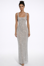 Elara | Sculpted Square Neck Crystal Mesh Maxi Dress