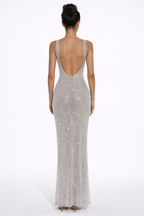 Elara | Sculpted Square Neck Crystal Mesh Maxi Dress