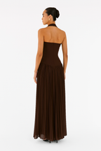 Stacy | Structured Bodice Elegant Halterneck Pleated Maxi Dress
