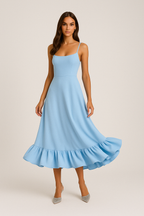Ivy | Square Neck Flared Midi Dress with Ruffled Hem