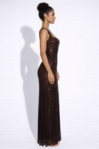 Elara | Sculpted Square Neck Crystal Mesh Maxi Dress
