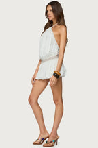 Aida | Relaxed Draped Halter Neck Lace-Trim Mini Dress
