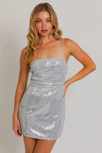 Romy | Shimmering Silver Sequin Spaghetti Strap Mini Dress