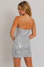 Romy | Shimmering Silver Sequin Spaghetti Strap Mini Dress