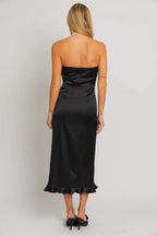 Luna | Front Slit Elegant Satin Strapless Ruffle Midi Dress