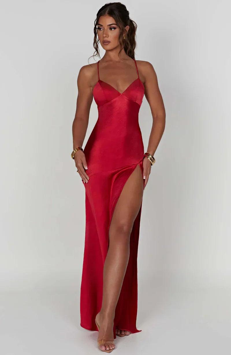 Daisy | Satin Plunge Maxi Dress with Thigh-High Split