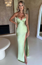 Daisy | Satin Plunge Maxi Dress with Thigh-High Split