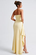 Meadow | Strapless Ruched Crepe Thigh-High Split Maxi Dress