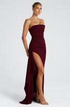 Meadow | Strapless Ruched Crepe Thigh-High Split Maxi Dress