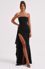 Meadow | Strapless Ruched Crepe Thigh-High Split Maxi Dress