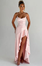 Lucia | High-Low Ruffle Hem Satin Twist Cowl Maxi Dress