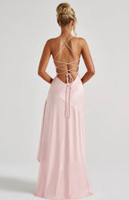 Soraya | High-Low Ruffle Hem Satin Twist Cowl Maxi Slit Dress