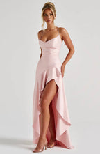 Soraya | High-Low Ruffle Hem Satin Twist Cowl Maxi Slit Dress