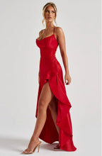Soraya | High-Low Ruffle Hem Satin Twist Cowl Maxi Slit Dress