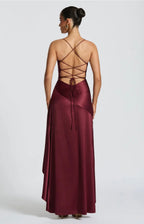 Soraya | High-Low Ruffle Hem Satin Twist Cowl Maxi Slit Dress
