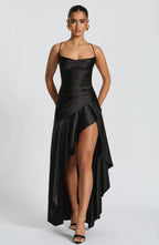 Soraya | High-Low Ruffle Hem Satin Twist Cowl Maxi Slit Dress