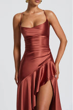 Soraya | High-Low Ruffle Hem Satin Twist Cowl Maxi Slit Dress