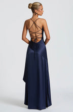 Soraya | High-Low Ruffle Hem Satin Twist Cowl Maxi Slit Dress