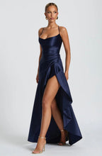 Soraya | High-Low Ruffle Hem Satin Twist Cowl Maxi Slit Dress