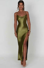 Sarina | Cowl Neck Low Back Maxi Dress with Thigh-High Split