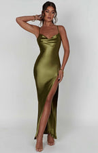 Sarina | Cowl Neck Low Back Maxi Dress with Thigh-High Split