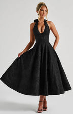 Floriane | Halter Neck Floral Jacquard Midi Dress