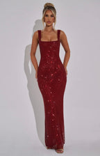 Elara | Sculpted Square Neck Crystal Mesh Maxi Dress