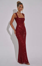 Elara | Sculpted Square Neck Crystal Mesh Maxi Dress