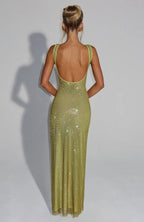 Elara | Sculpted Square Neck Crystal Mesh Maxi Dress