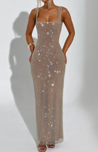 Elara | Sculpted Square Neck Crystal Mesh Maxi Dress