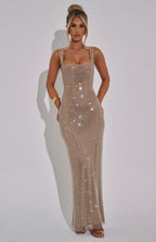 Elara | Sculpted Square Neck Crystal Mesh Maxi Dress